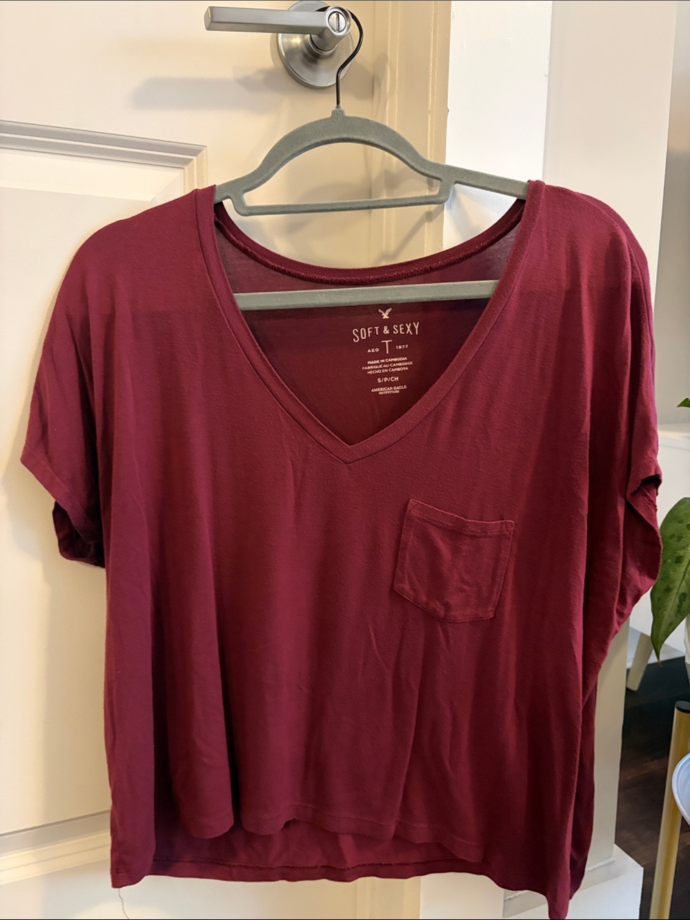 American Eagle Outfitters Soft & Sexy V-Neck Tee in Burgundy